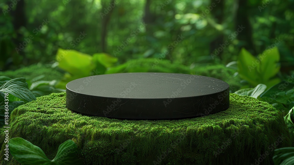 Poster a circular black platform rests on a mossy stump surrounded by lush green foliage, creating a serene