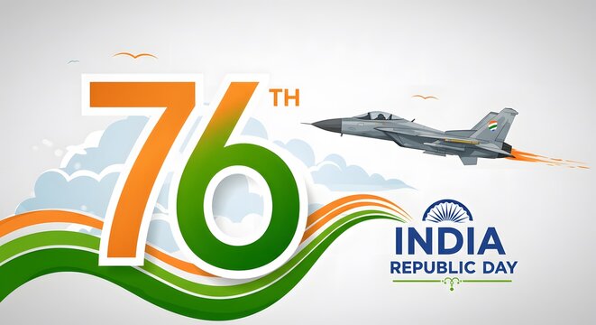 Fighter jet with seventy six number and tricolor wave for 76 Republic Day celebration depicting aviation power and national pride