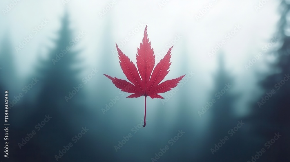 Poster a vibrant red maple leaf stands out against a misty forest backdrop, creating a striking contrast in