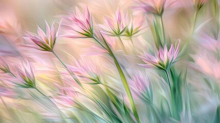 Obraz premium Abstract blurred background of pink peach green pastel floral bouquet flowers, grunge soft colors romantic botanical gradient aesthetic flow bloom dreamy vintage texture pattern painting illustration