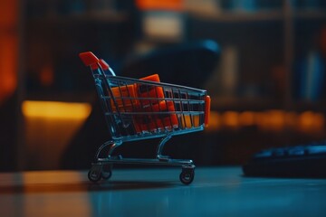 Modern Mini Cart with Orange Products Displayed on Office Desk Surrounded by Diffused Lighting Creating a Contemporary Ambient Atmosphere