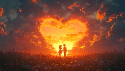 Obraz premium Couple Standing in Front of a Heart-Shaped Fire