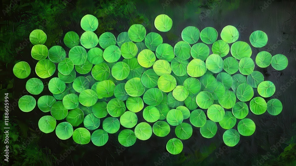 Poster a serene arrangement of green lily pads floats on a dark water surface, creating a peaceful and natu