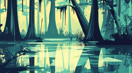 Serene Swampy Forest Landscape Painting with Tranquil Reflections