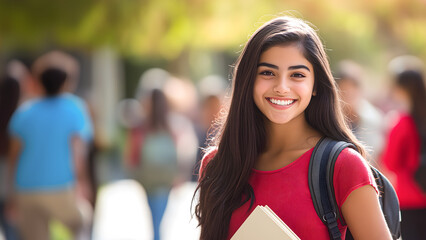 Indian young college girl holding book at college campus. Female college student with backpack and books