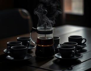 Steaming coffee maker with cups on a wooden table