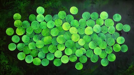 A serene arrangement of green lily pads floats on a dark water surface, creating a peaceful and natural aesthetic.
