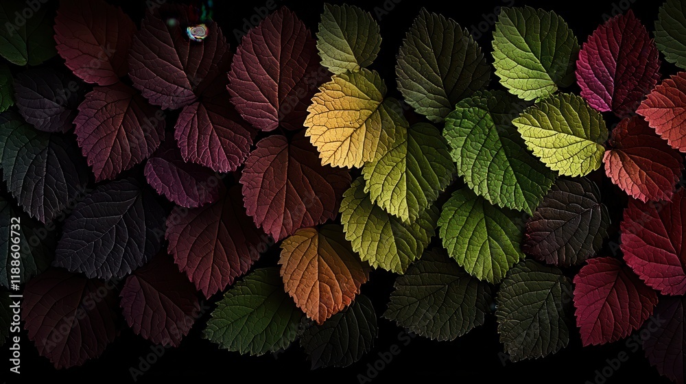 Poster a vibrant collection of leaves showcasing a gradient of colors from green to deep red against a dark