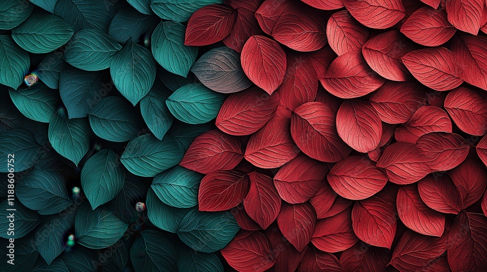 Poster a vibrant juxtaposition of red and teal leaves, creating a textured, artistic display that embodies 