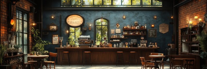 Naklejka premium Charming Rustic Coffee Shop with Vintage Decor and Warm Lighting in Cozy Atmosphere