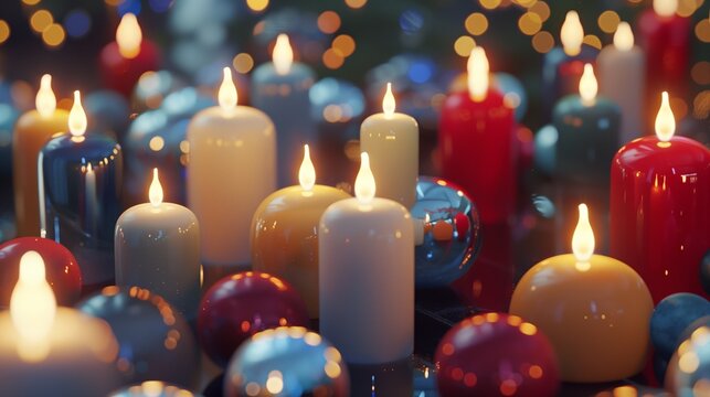 A festive display of seasonal candles in various heights and hues. Their glowing flames evoke warmth and harmony.