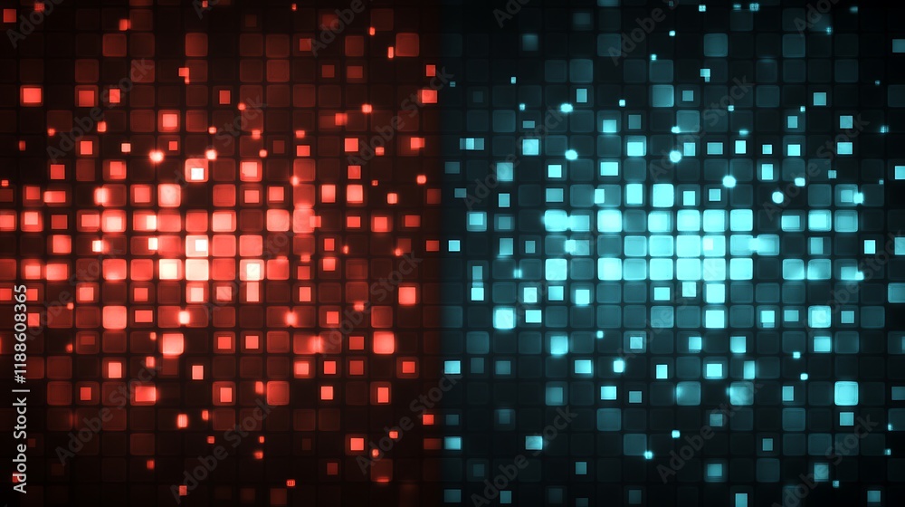 Poster abstract digital graphic, glowing squares, vibrant colors. possible use background design, technolog