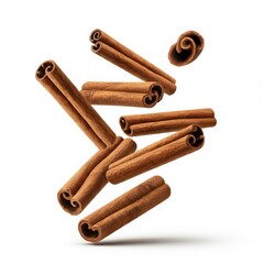 cinnamon sticks, floating, suspended in air, white background, brown spices, aromatic, culinary ingredients, macro photography, high detail, sharp focus, soft lighting, cinnamon powder sprinkles, rust