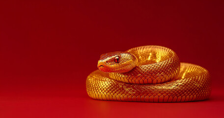 Fototapeta premium A sleek golden snake glimmers against a vibrant red backdrop, embodying the festive spirit of Chinese New Year. The minimalist design creates an impactful and elegant atmosphere with space for text.