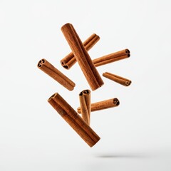 Cinnamon sticks floating, rustic spices, warm brown tones, white background, soft shadows, food photography, high resolution, realistic texture, aromatic, culinary ingredients, macro detail, studio li
