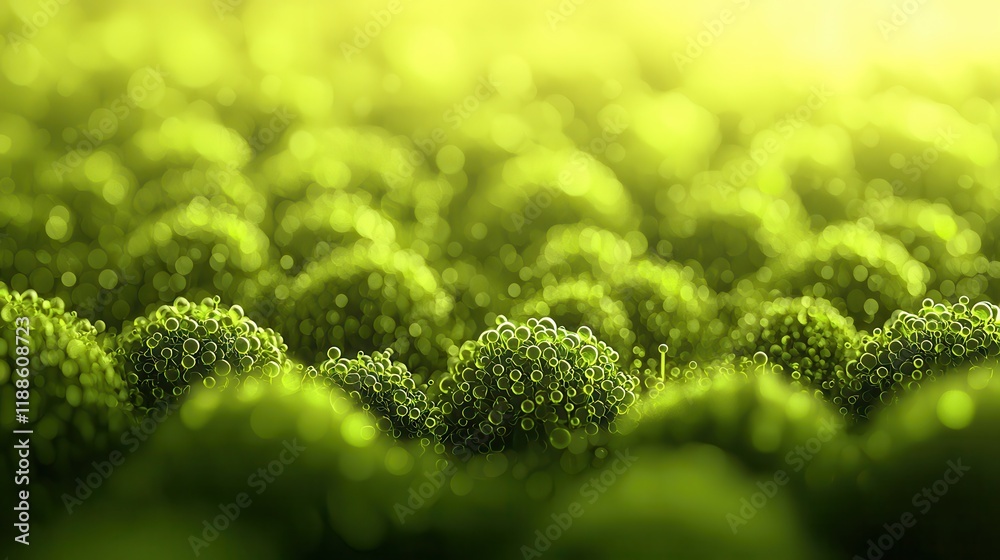 Poster a vibrant close-up of green moss or algae, showcasing a lush and textured landscape illuminated by s