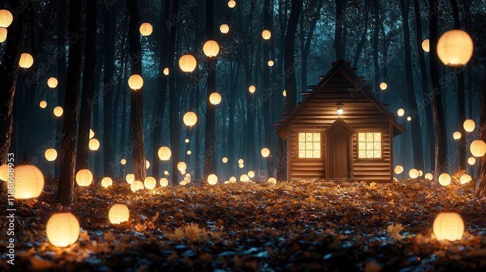 Poster A serene forest scene featuring a cozy cabin illuminated by glowing lanterns amidst dark trees, creating a magical ambiance.
