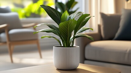 Peace Lily Plant in Modern White Pot on Wooden Table in Living Room