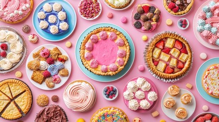 A delightful array of assorted cakes, pies, and pastries, beautifully arranged on a pink background. This vibrant image showcases a variety of sweet treats, from classic cheesecakes to fruit tarts.