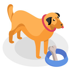 Bulldog with feeding tray isometric flat concept, Puppy eating bone vector color icon design, Pet and Vet symbol, Animal Shelter sign, four legged friends stock illustration 