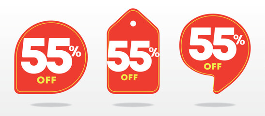 55% off. Special offer sticker, tag, sign. Banner, thirty five percent off, value, price. Red balloon. Shop, advertising, sales, store, promo, discount, profit. Set, icon, vector
