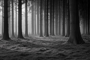 Naklejka premium Gloomy forest enveloped in thick fog