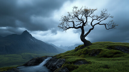 Mysterious tree stands alone in misty mountainous landscape