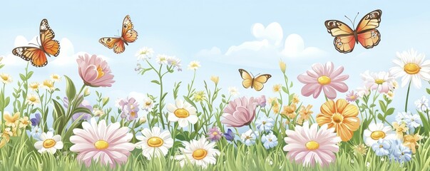 Obraz premium The flowers bloom in spring Colorful flowers and butterflies in a sunny sky setting