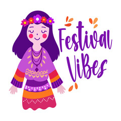 A typographic flat sticker showing a girl enjoying festival vibes