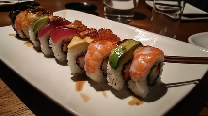 A gourmet sushi plate with rainbow rolls featuring shrimp, eel, and avocado, served on a white ceramic dish
