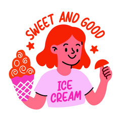 Flat sticker showing a sweet girl eating ice cream