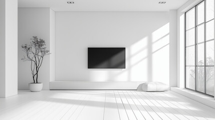 Minimalist white wall with sleek black TV, bright room, wide-angle lens, soft natural light from window, minimalist decor, white wooden floor, elegant interior design, serene atmos