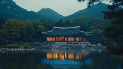 Fototapeta premium Tranquil Korean Palace on Lake with Stunning Night Reflections and Lush Forest Background