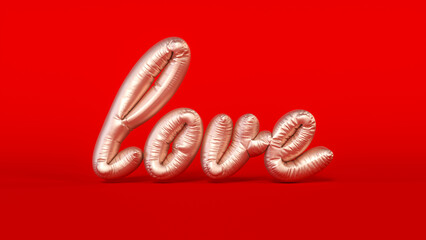 Foil balloon love letters on red background. Valentine's day concept. 3d rendering