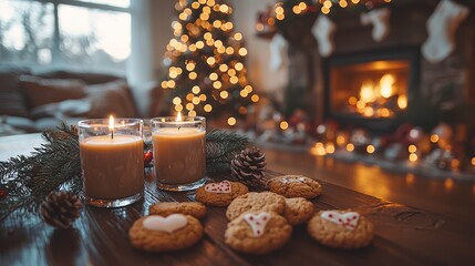 Cozy holiday scene with cookies and candles.