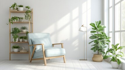 Fototapeta premium Light Blue Chair Plants Wooden Shelf Bright Room Decor