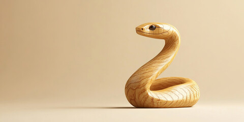 Fototapeta premium A wooden snake figurine with visible grain patterns sits against a beige background, blending minimalism with natural charm, ideal for versatile creative and cultural applications.