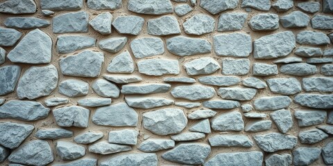Rustic stone wall texture, showing a pattern of irregularly shaped stones set in light beige mortar