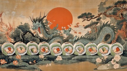 A delicate plate of sushi rolls featuring dragon rolls with avocado, eel, and spicy mayo drizzle, creating a visual delight