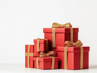 Obraz premium Stack of beautifully wrapped red gift boxes with golden ribbons. Presents attractively arranged. Festive, celebratory items. Holiday decorations. Collection of gift boxes creating impressive sight.