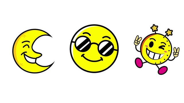 smile emoji emoticon in animated form, there are three vectors, smiling emoticon, laughing emoticon, and moon sticker