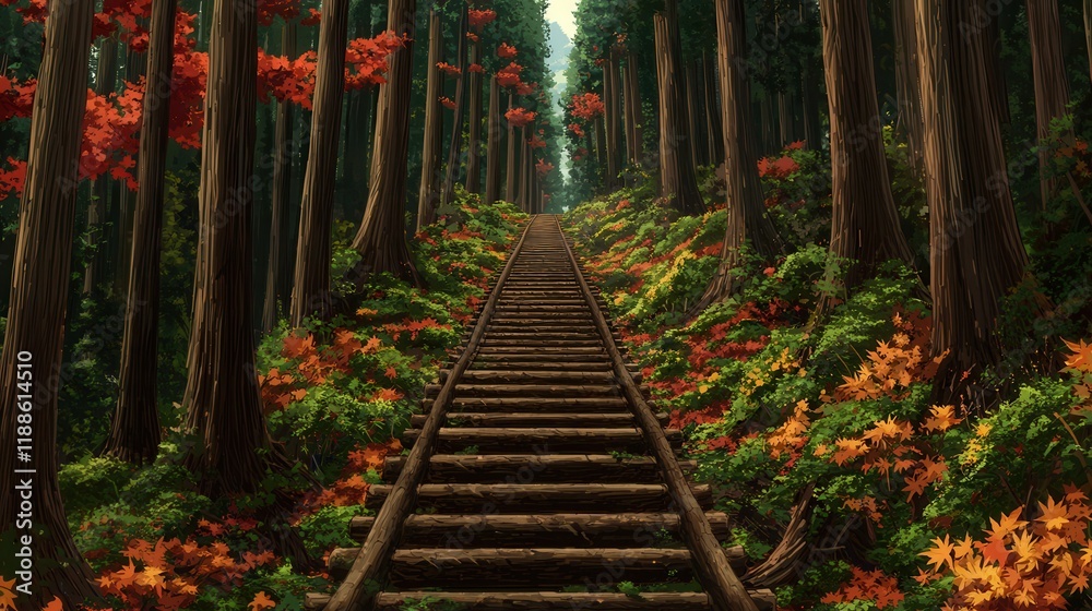 Poster a tranquil forest path lined with vibrant autumn leaves and wooden railway tracks, inviting explorat