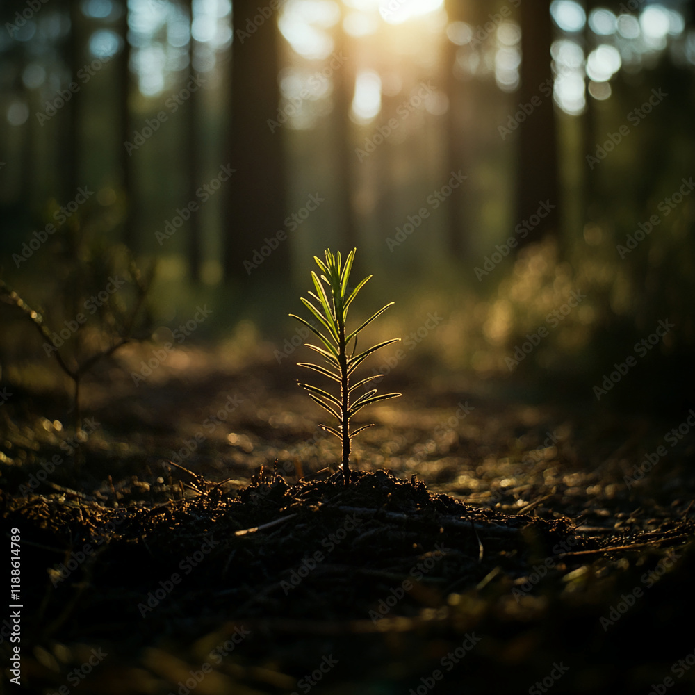 Poster Sprouting evergreen sapling in a sunlit forest setting