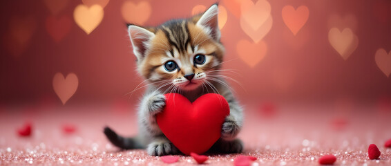 Adorable tabby kitten holding red heart on shiny surface with bokeh background symbolizing love and affection. Valentine's Day.