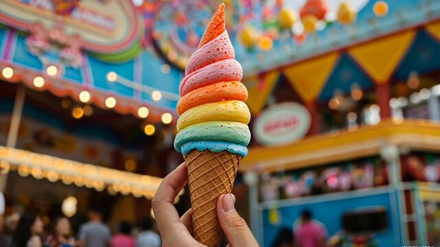 A hand holds a waffle cone filled with ice cream and toppings, lifestyle concept.