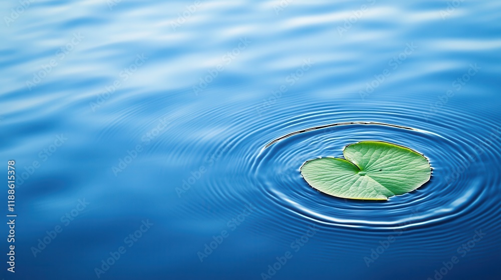 Poster a serene lily pad floats on calm blue water, creating gentle ripples that enhance the tranquil atmos