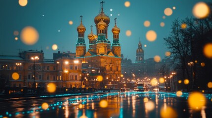 Obraz premium Saint Sophia Cathedral in Golden Lights and Snowy Night, Kyiv, Ukraine. Christmas time