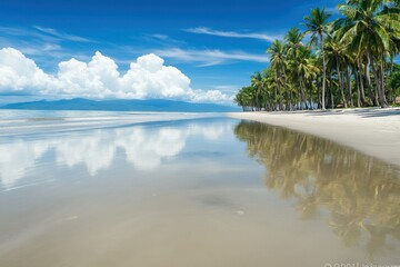 Obraz premium Serene Beach Scene with Palm Trees and Clear Reflection in Shallow Water Beneath a Bright Blue Sky and Pristine White Sand at Midday
