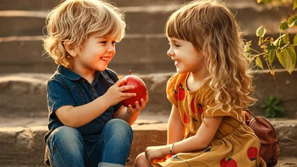 Group portrait of two white Caucasian cute adorable funny children toddlers sitting together sharing eating apple food, love friendship childhood concept, best friends forever