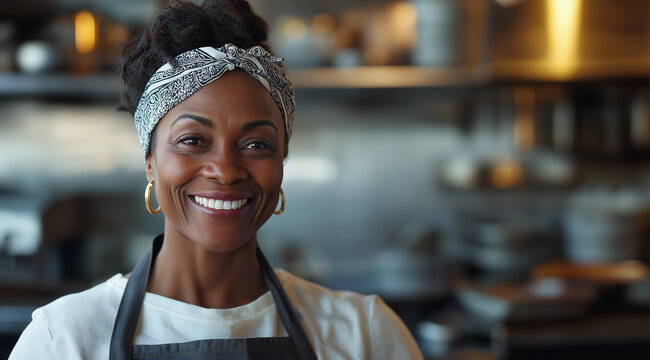 Portrait of a smiling middle-aged Black woman wearing an apron and bandana in a restaurant kitchen, looking at the camera. - Powered by Adobe